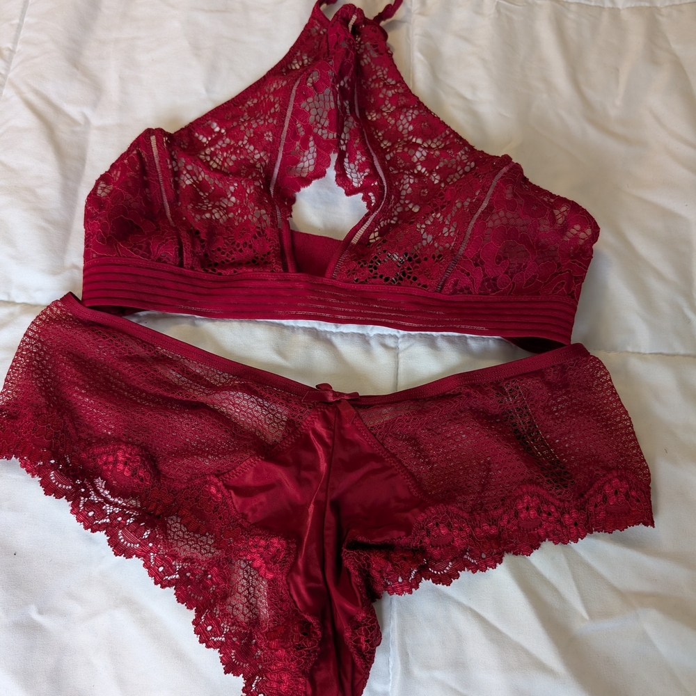 Victoria's Secret Lace Halter Bralette and Panty Set - Deep Red